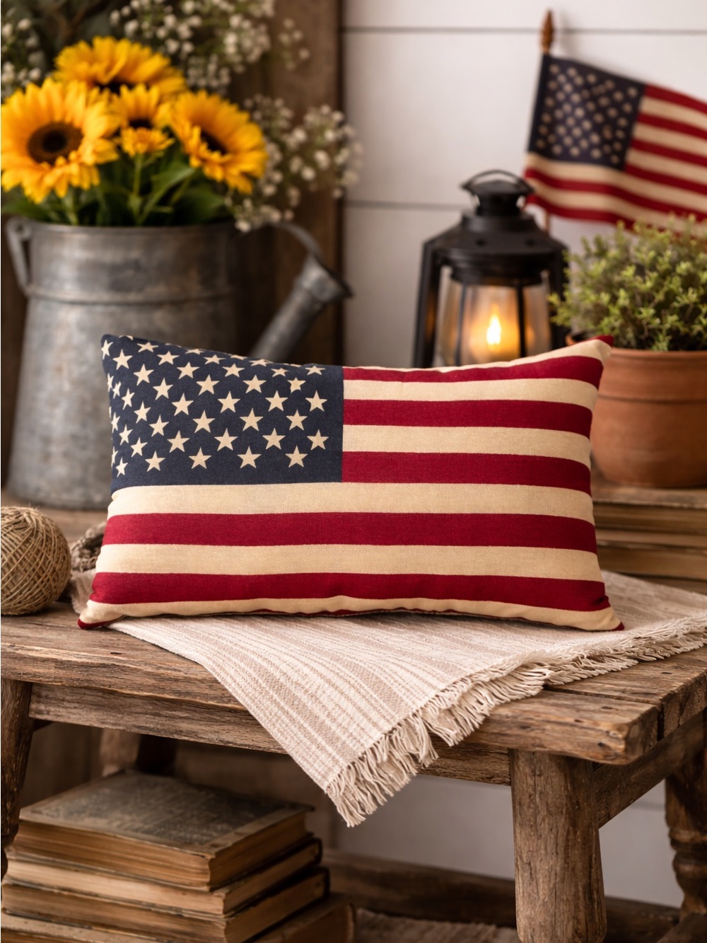 Patriotic American USA handmade tea stained flag pillow shelf sitter 10.5”x 6.5”